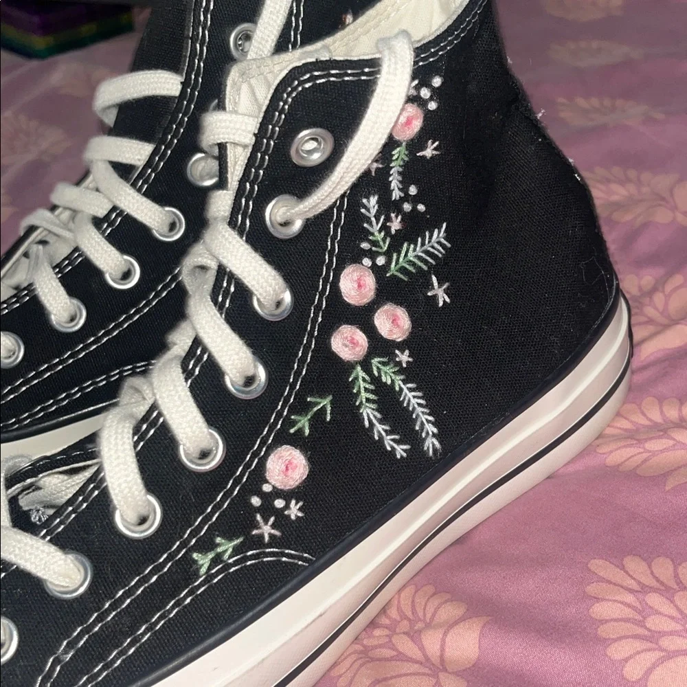 Converse Black High-Top Sneakers with Pink Floral Embroidery - Picture 2 of 6